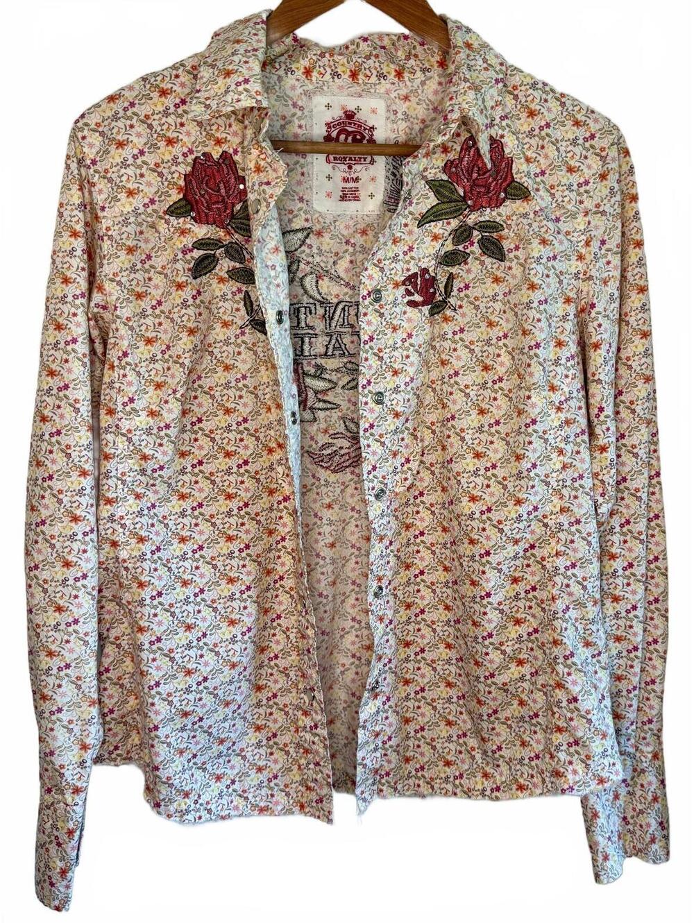 Country Royalty Y2K Floral Rose Embroidered Rhinestone Western Pearl Snap M - Picture 3 of 10